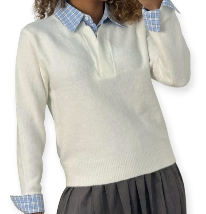 Pull femme à col et poignets chemise