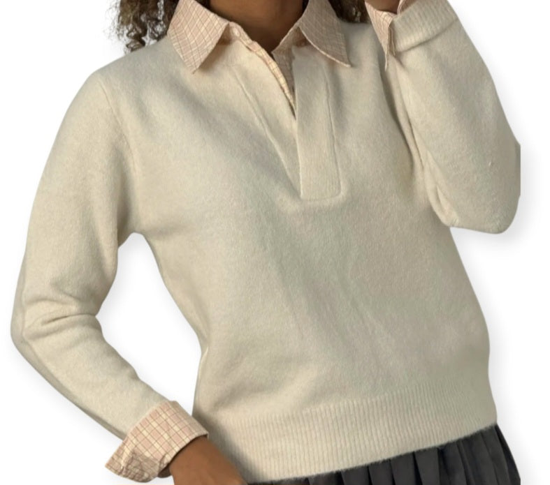 Pull femme à col et poignets chemise