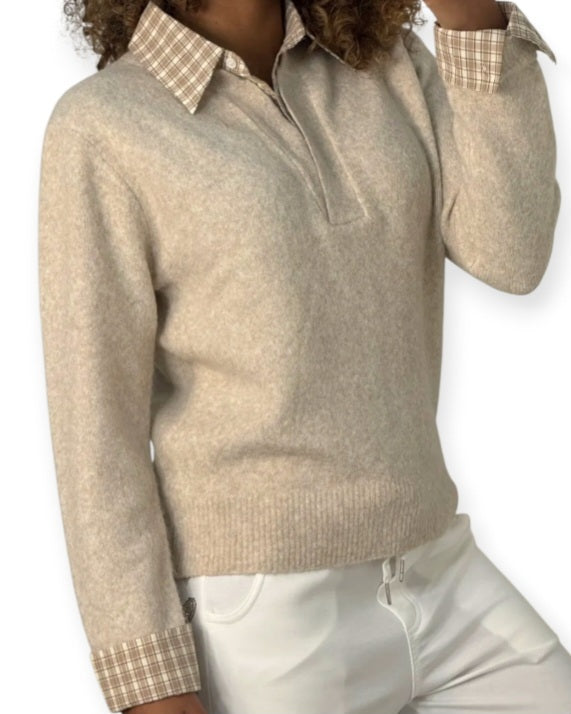 Pull femme à col et poignets chemise