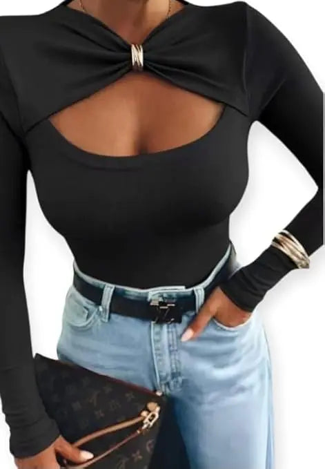 Top Femme Manches Longues avec Anneau Doré – Haut Chic et Élégant – Idéal Soirée ou Bureau – Coupe Moderne, Tissu Confortable | Taille Unique