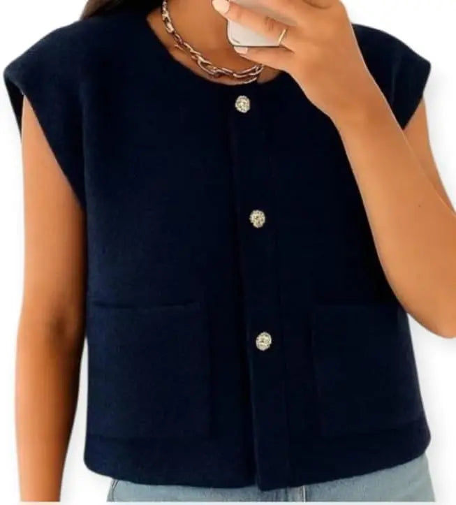 Gilet Femme sans Manches Effet Bouclé – Boutons Dorés – Style Chic et Tendance – Idéal Superposition Automne/Hiver – Look Élégant, Coupe Droite | Taille Unique 38-44