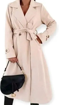 Manteau Femme Long avec Ceinture – Matière Texturée Doublée – Élégant – Automne/Hiver – Veste Chic avec Doublure Confortable