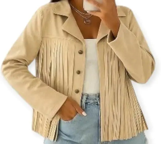 Veste Femme en Suédine Effet Daim à Franges – Blouson Automne Hiver Tendance – Doux, Léger et Confortable