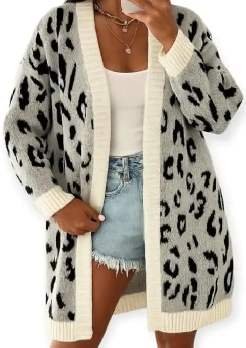 Gilet Femme Oversize Léopard en Maille Effet Laine – Cardigan Long et Doux