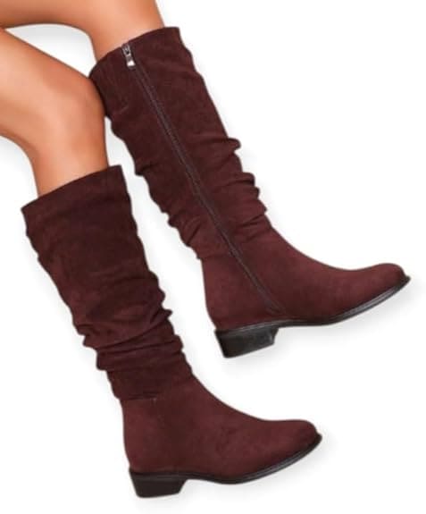 Bottes plates plissées en simili daim pour femme – Confortables et élégantes