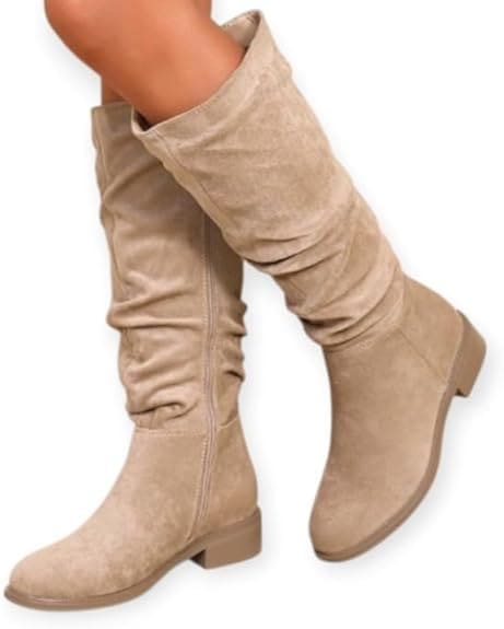 Bottes plates plissées en simili daim pour femme – Confortables et élégantes