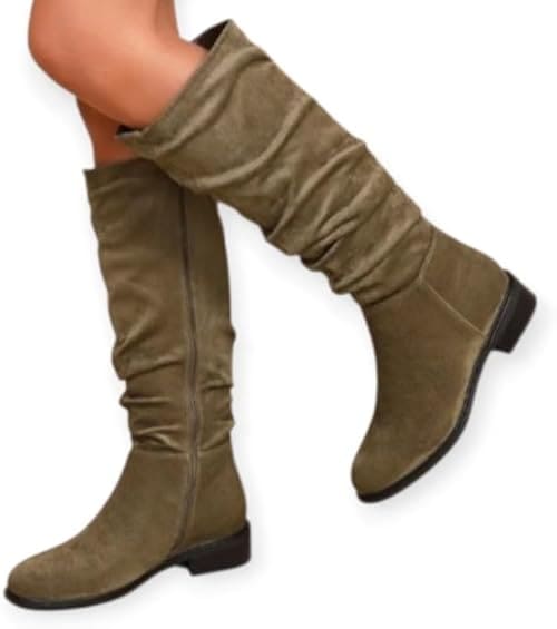 Bottes plates plissées en simili daim pour femme – Confortables et élégantes