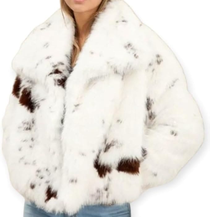 Manteau en fourrure avec imprimé vache avec revers de col et poche côté