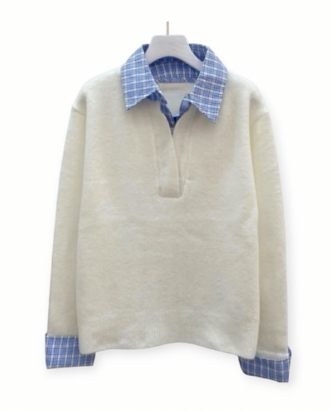 Pull femme à col et poignets chemise