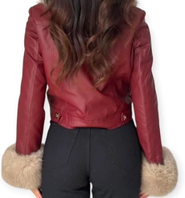Veste Femme en Simili Cuir avec Col et Manches en Fausse Fourrure – Élégante, Chaude et Tendance pour l’Hiver