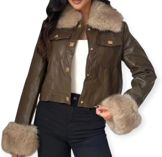Veste Femme en Simili Cuir avec Col et Manches en Fausse Fourrure – Élégante, Chaude et Tendance pour l’Hiver