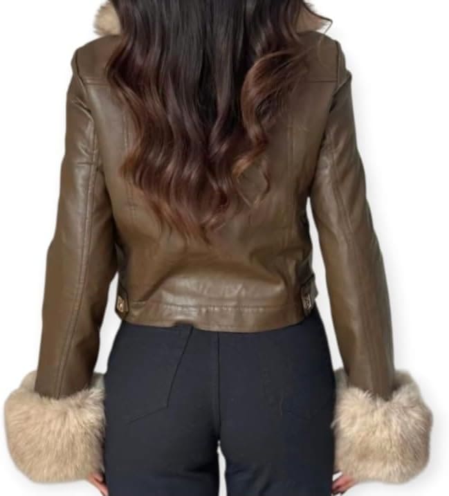Veste Femme en Simili Cuir avec Col et Manches en Fausse Fourrure – Élégante, Chaude et Tendance pour l’Hiver