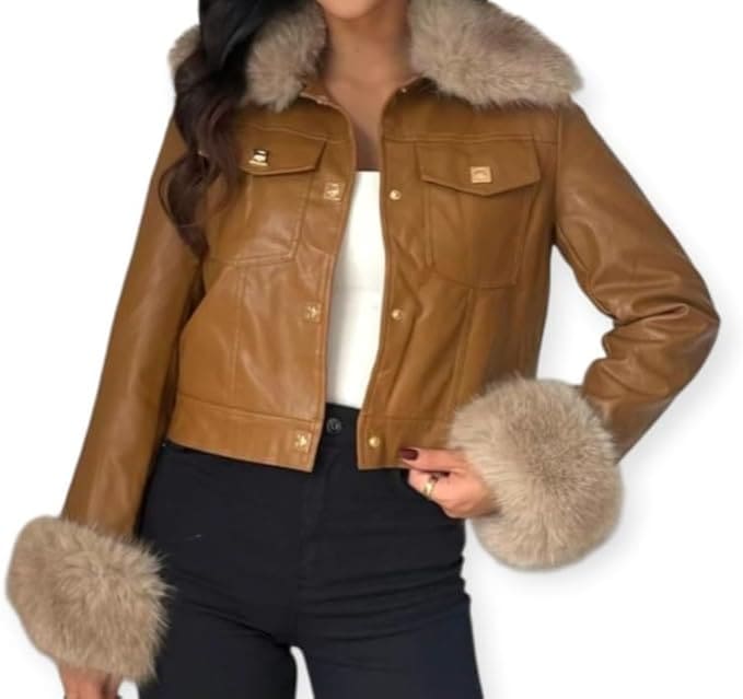 Veste Femme en Simili Cuir avec Col et Manches en Fausse Fourrure – Élégante, Chaude et Tendance pour l’Hiver