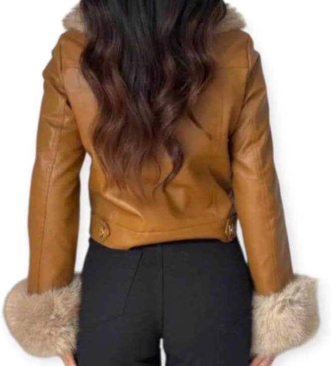 Veste Femme en Simili Cuir avec Col et Manches en Fausse Fourrure – Élégante, Chaude et Tendance pour l’Hiver
