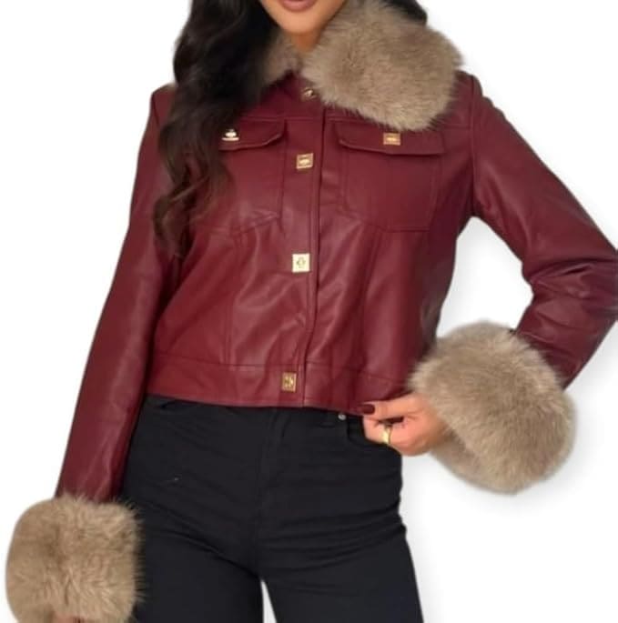 Veste Femme en Simili Cuir avec Col et Manches en Fausse Fourrure – Élégante, Chaude et Tendance pour l’Hiver